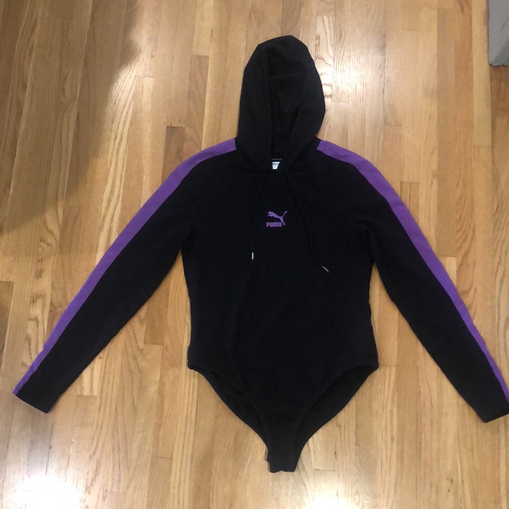 PUMA hooded bodysuit - black with purple stripe